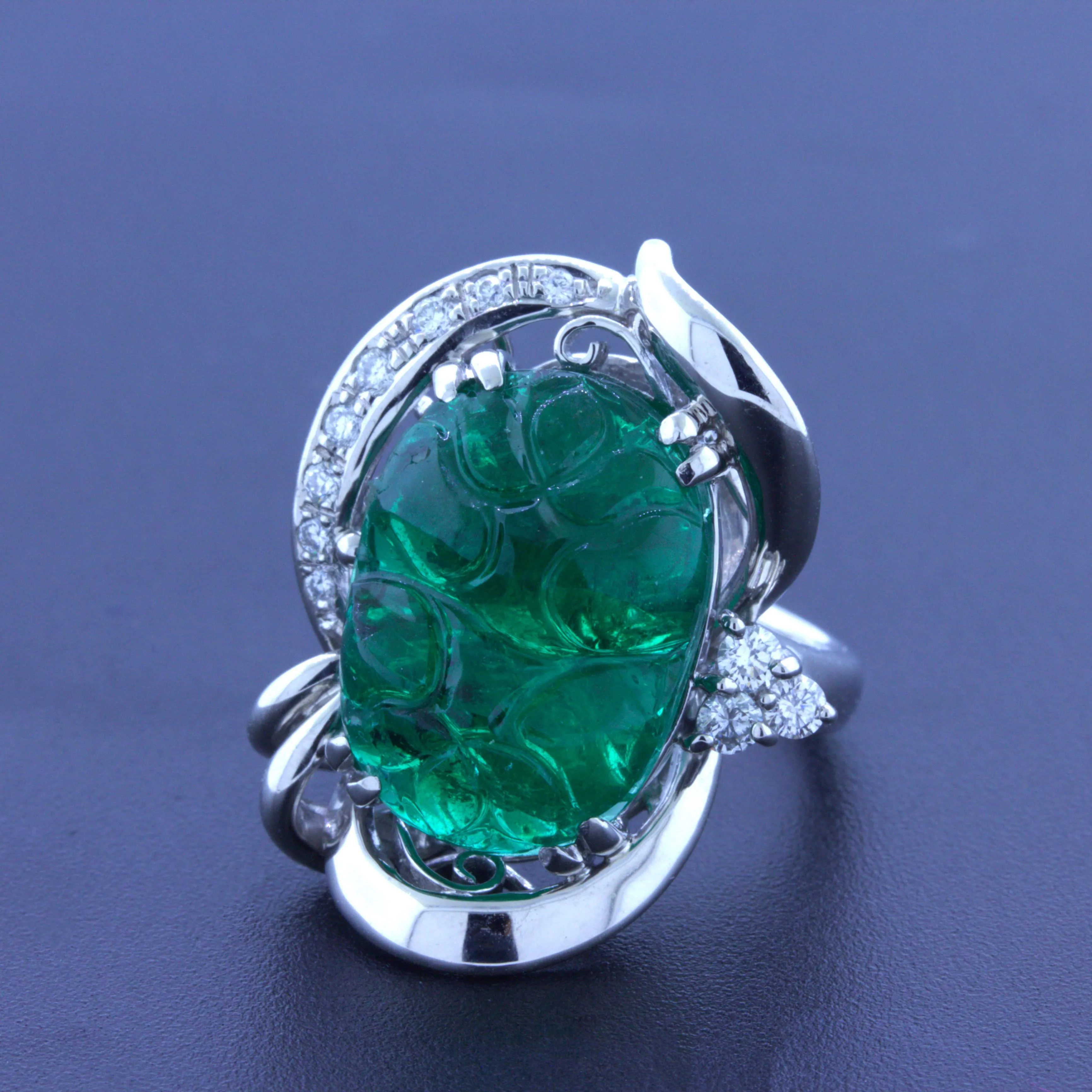 10.23 Carat Fine Carved Emerald Diamond Platinum Ring