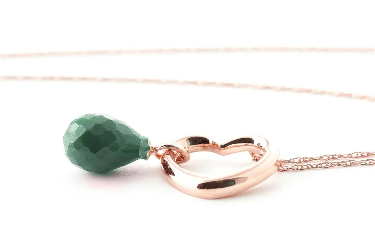 14K Solid Rose Gold Heart Necklace w/ Dangling Natural Emerald