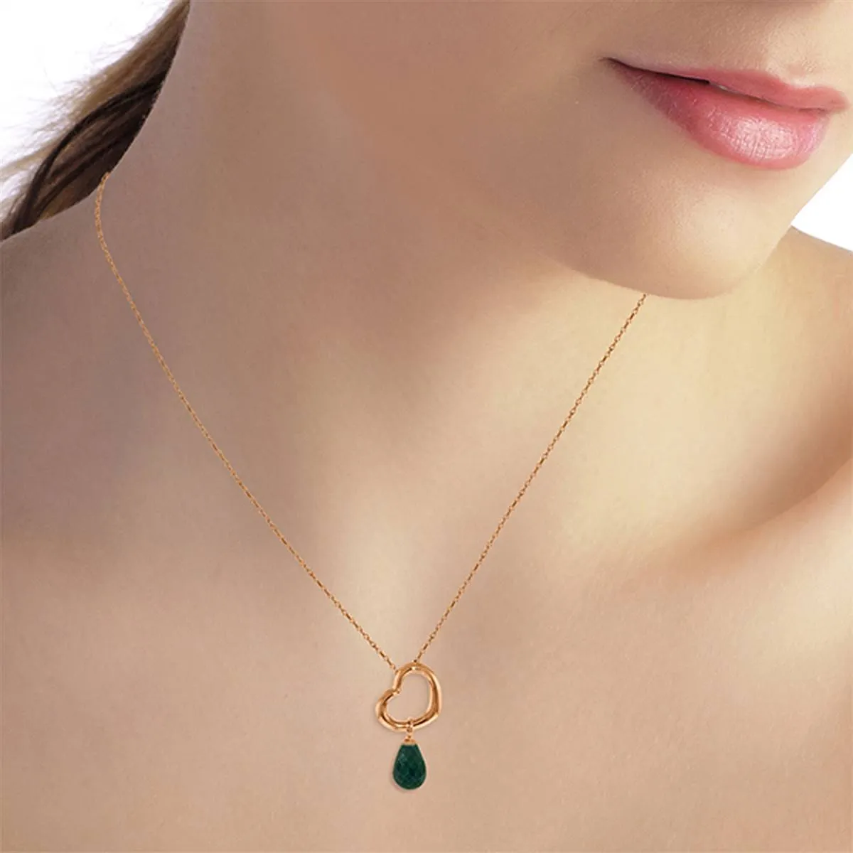 14K Solid Rose Gold Heart Necklace w/ Dangling Natural Emerald