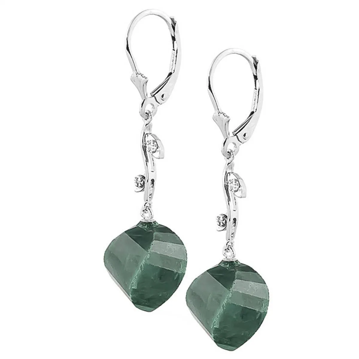 14K Solid White Gold Diamonds & Spiral Emerald Color Dyed Sapphire Earrings