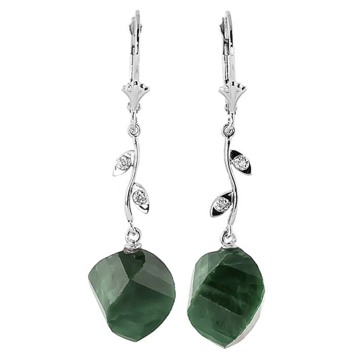 14K Solid White Gold Diamonds & Spiral Emerald Color Dyed Sapphire Earrings