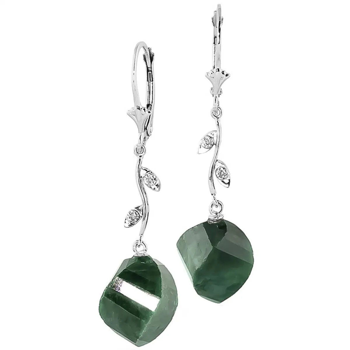 14K Solid White Gold Diamonds & Spiral Emerald Color Dyed Sapphire Earrings