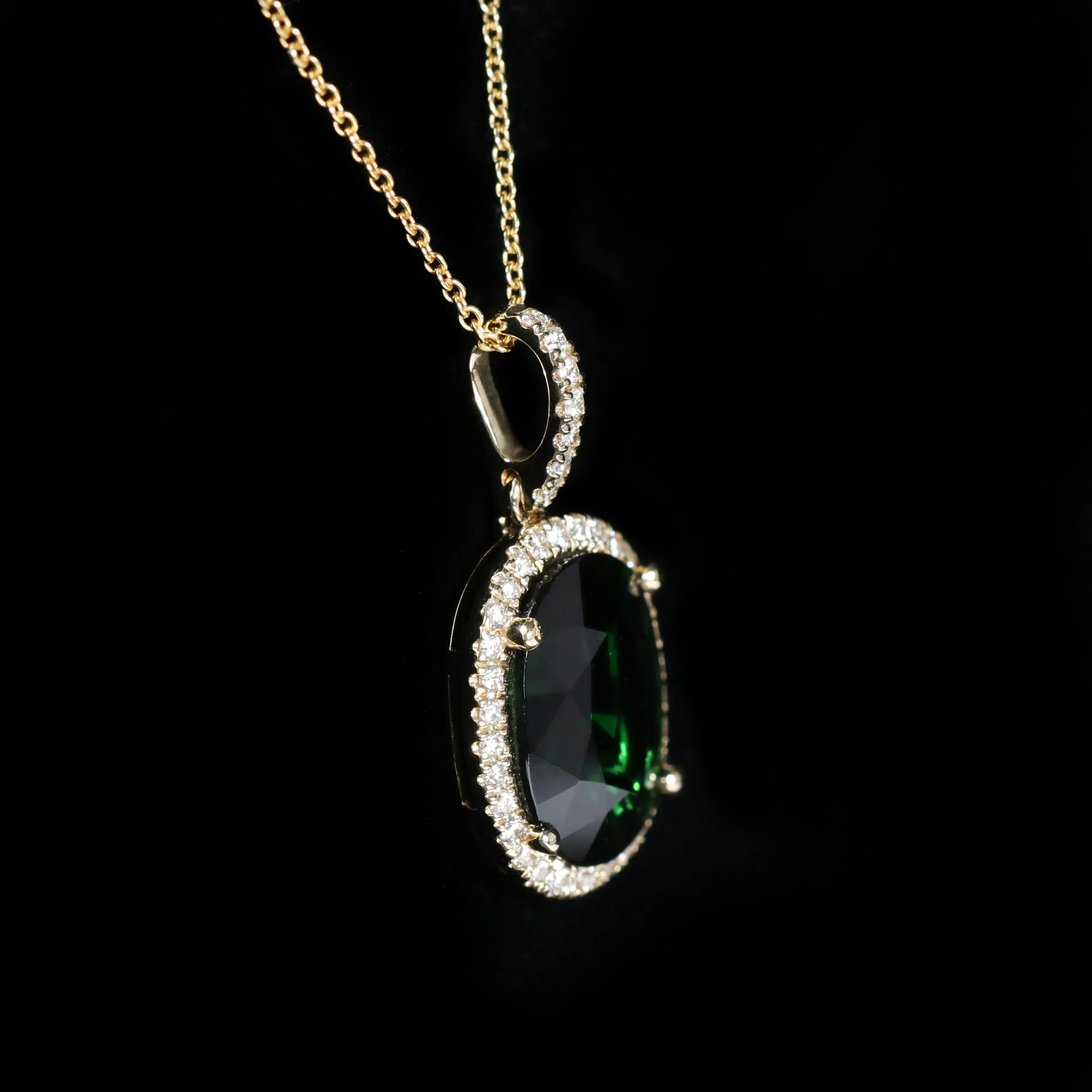 14K Yellow Gold 3.17 Carat Chrome Tourmaline and Diamond Pendant