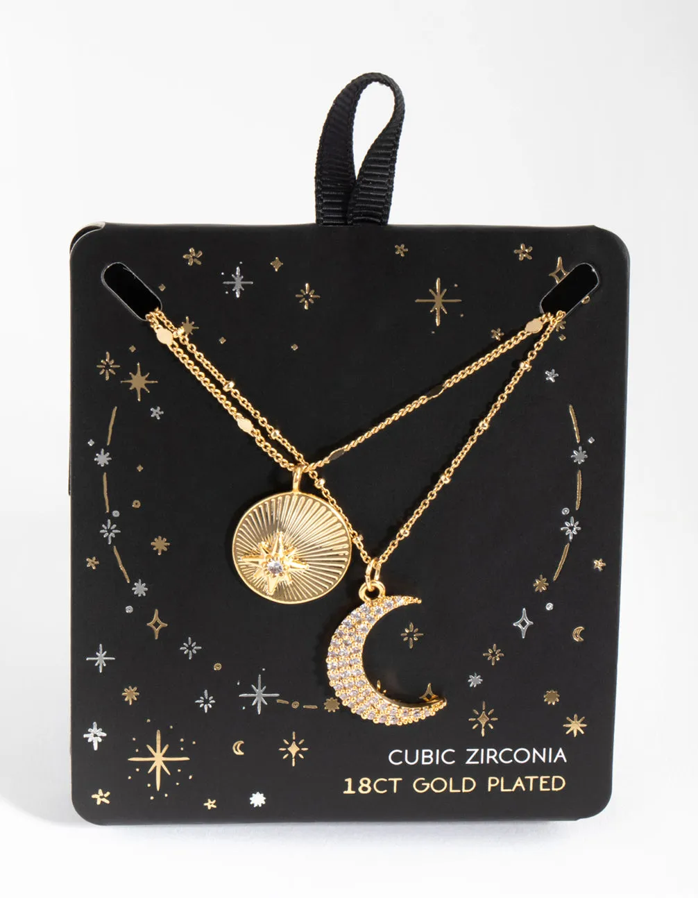 18ct Gold Plated Cubic Zirconia Moon & Coin Layered Necklace