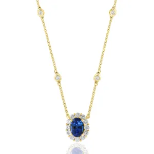 18K Gold Sapphire and Diamond Halo Pendant Necklace