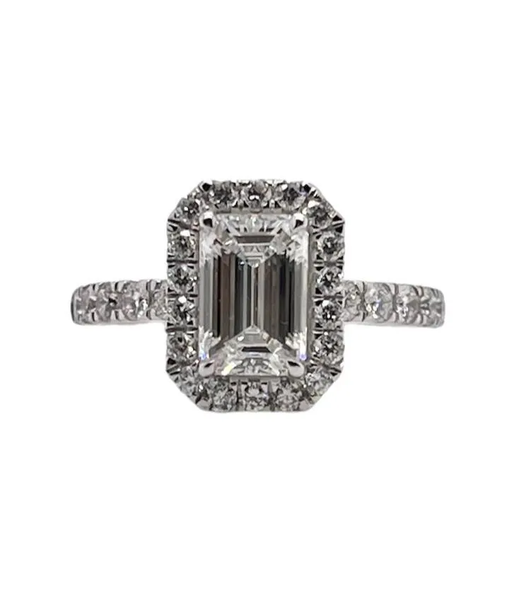 2.14 Ct E VS1 Lab Grown Emerald Cut Diamond Halo Engagement Ring 14k White Gold