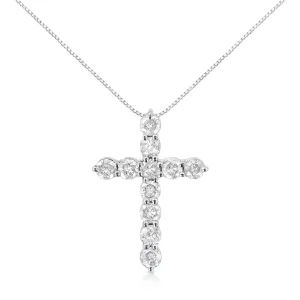 .925 Sterling Silver 1.0 Cttw Prong Set Round-Cut Diamond Cross 18" Pendant Necklace (I-J Color, I2-I3 Clarity)