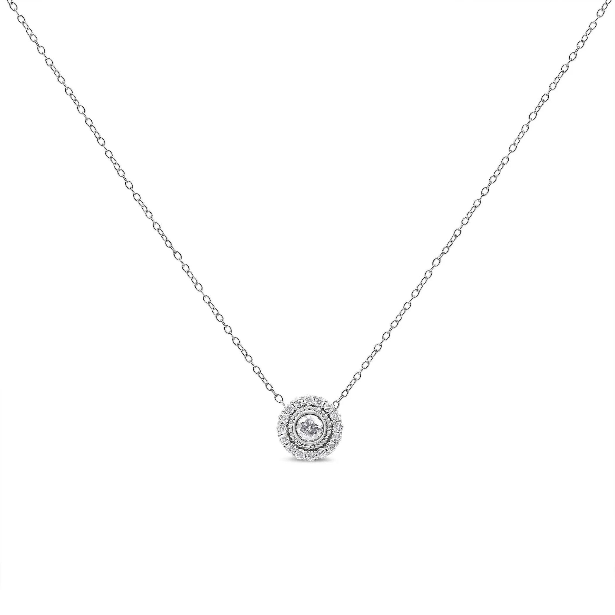 .925 Sterling Silver 1/2 Cttw Round Diamond Halo Circle Pendant 18" Necklace (I-J Color, I2-I3 Clarity)