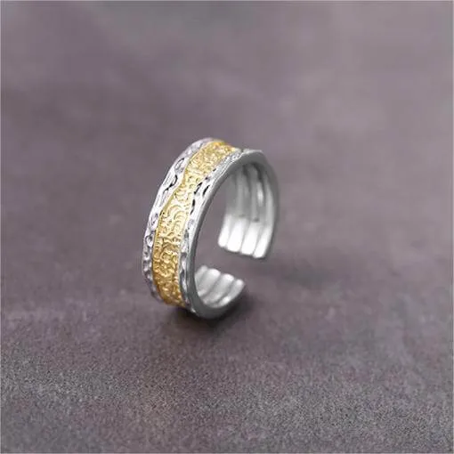 925 Sterling Silver Split Color Irregular Texture Plain Ring