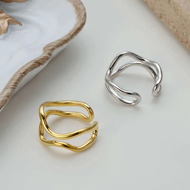 Adjustable Irregular Curve Bar Double Layer Band Ring