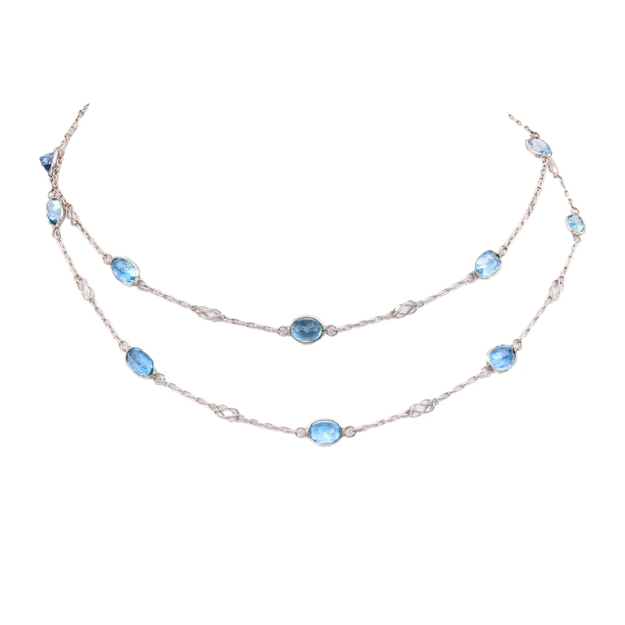 Art Deco Inspired Platinum 8.62 Carat Oval Aquamarine By The Yard Necklace