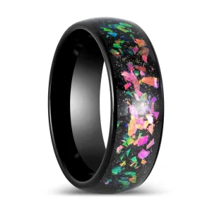 BALATON | Black Tungsten Ring with Synthetic Opal Inlay