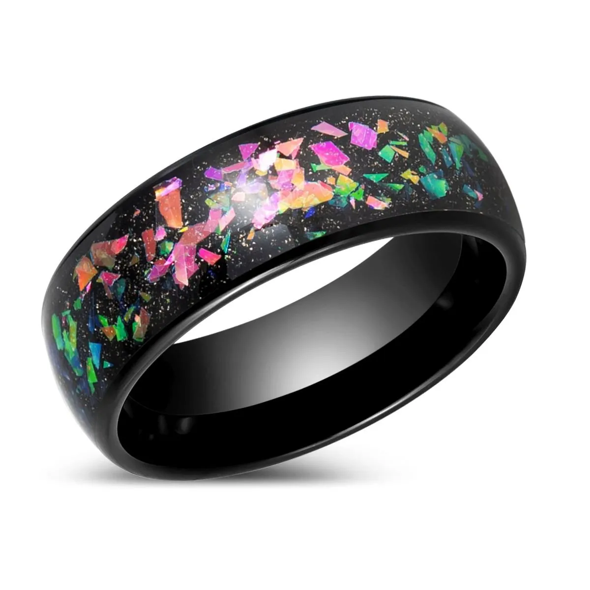 BALATON | Black Tungsten Ring with Synthetic Opal Inlay