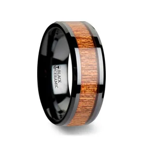 BENIN | Black Ceramic Ring, African Sapele Wood Inlay, Beveled