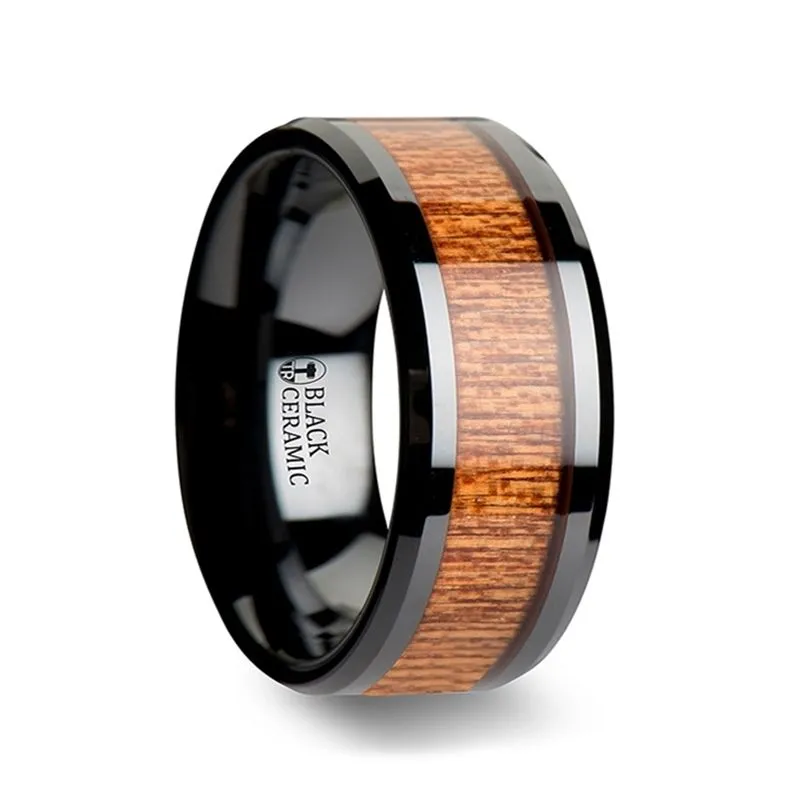 BENIN | Black Ceramic Ring, African Sapele Wood Inlay, Beveled