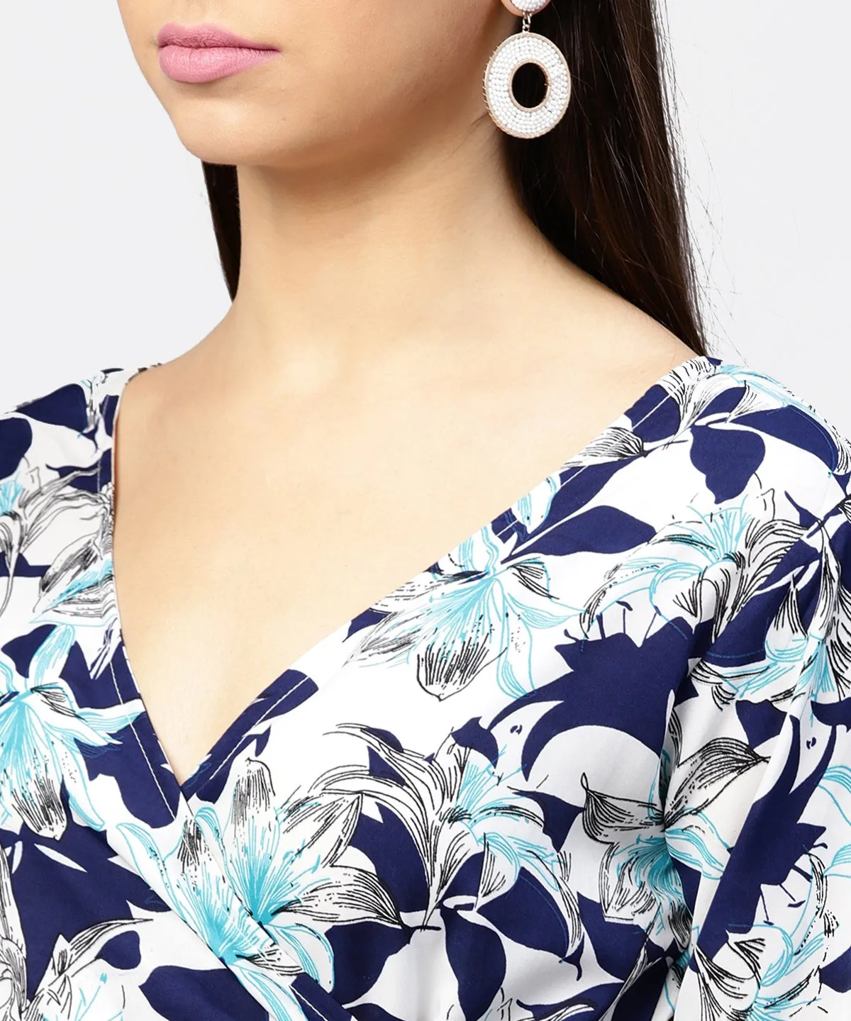 Blue Floral Printed 3/4Th Sleeve Midi A-Line Dress