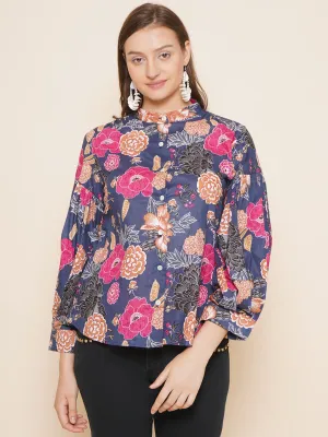 Blue Floral Printed Shirt Style Top