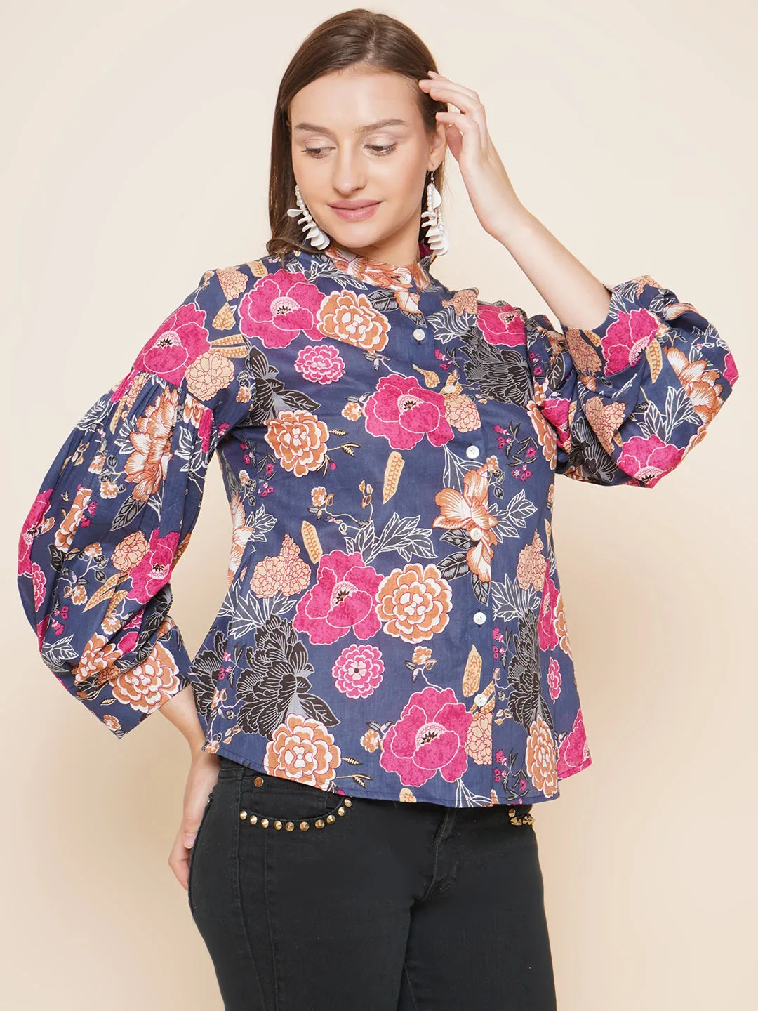 Blue Floral Printed Shirt Style Top