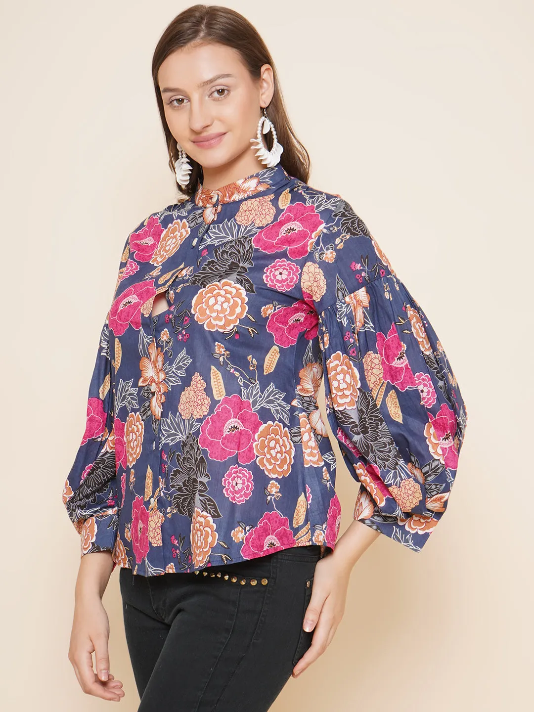 Blue Floral Printed Shirt Style Top