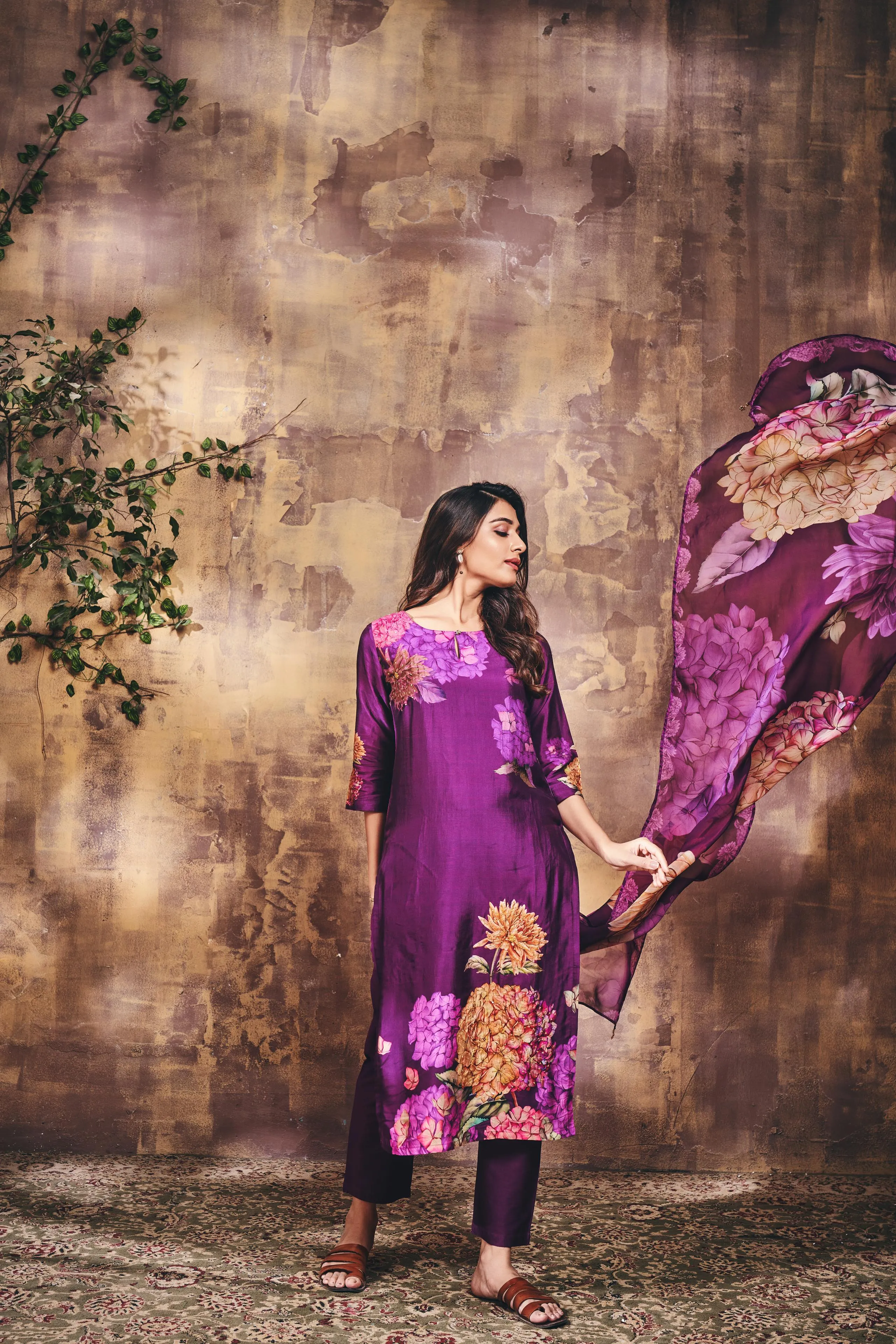 Bright Purple Floral Printed Muslin Silk Kurta Pants Set