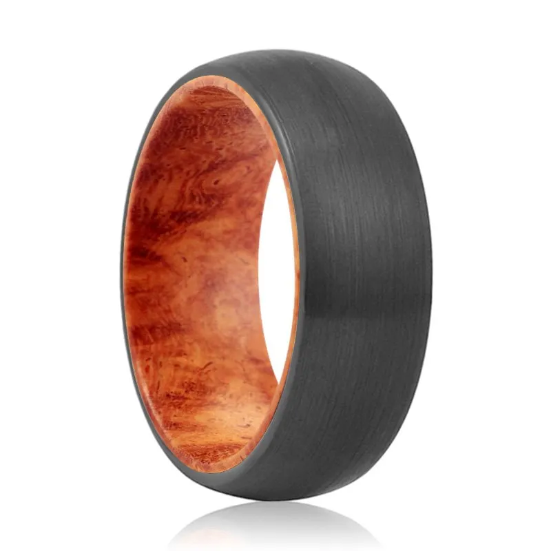 CARMINE | Red Burl Wood, Black Tungsten Ring, Brushed, Domed