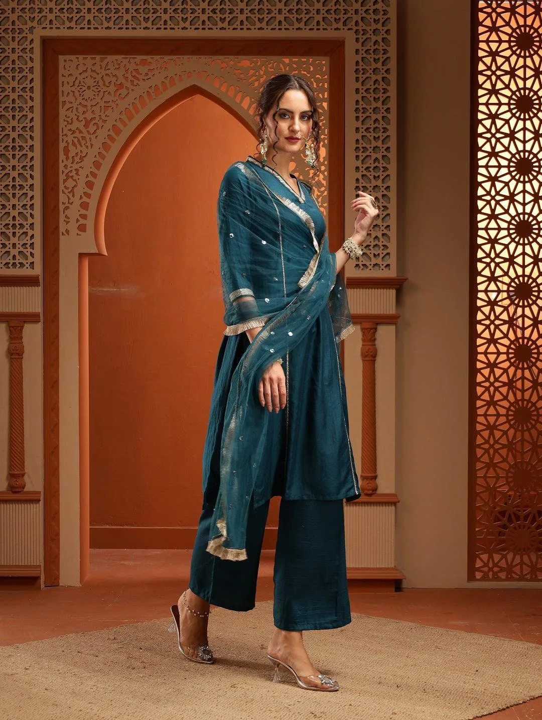 Chandni Teal Green Muslin Embroidered Kurta Set