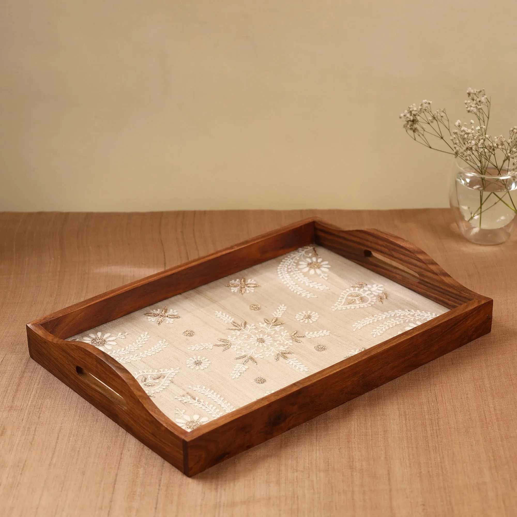 Chikankari Zari Hand Embroidered Sheesham Wood Tray