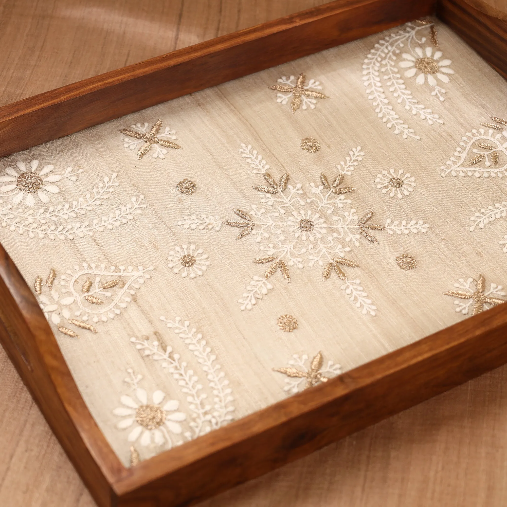 Chikankari Zari Hand Embroidered Sheesham Wood Tray