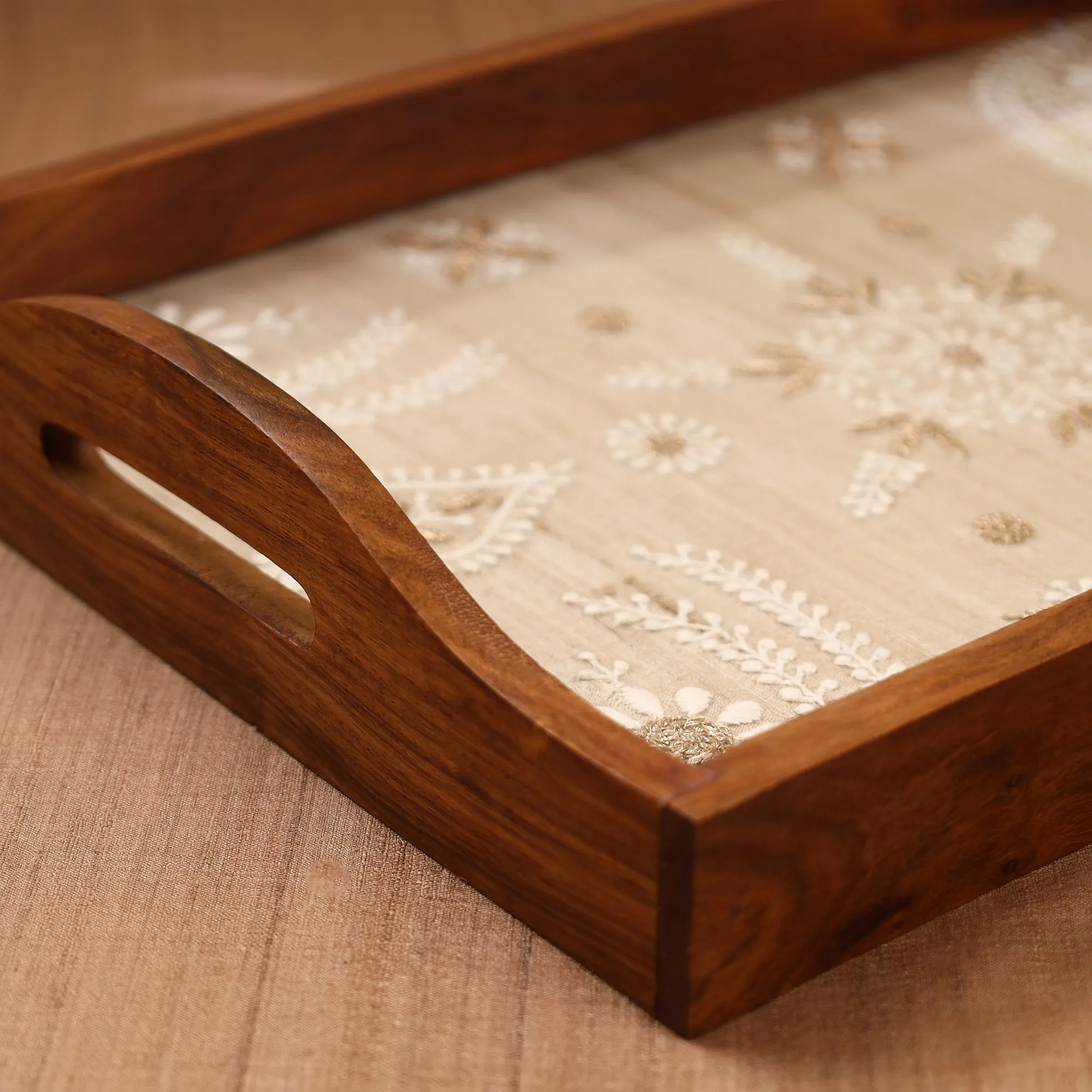 Chikankari Zari Hand Embroidered Sheesham Wood Tray