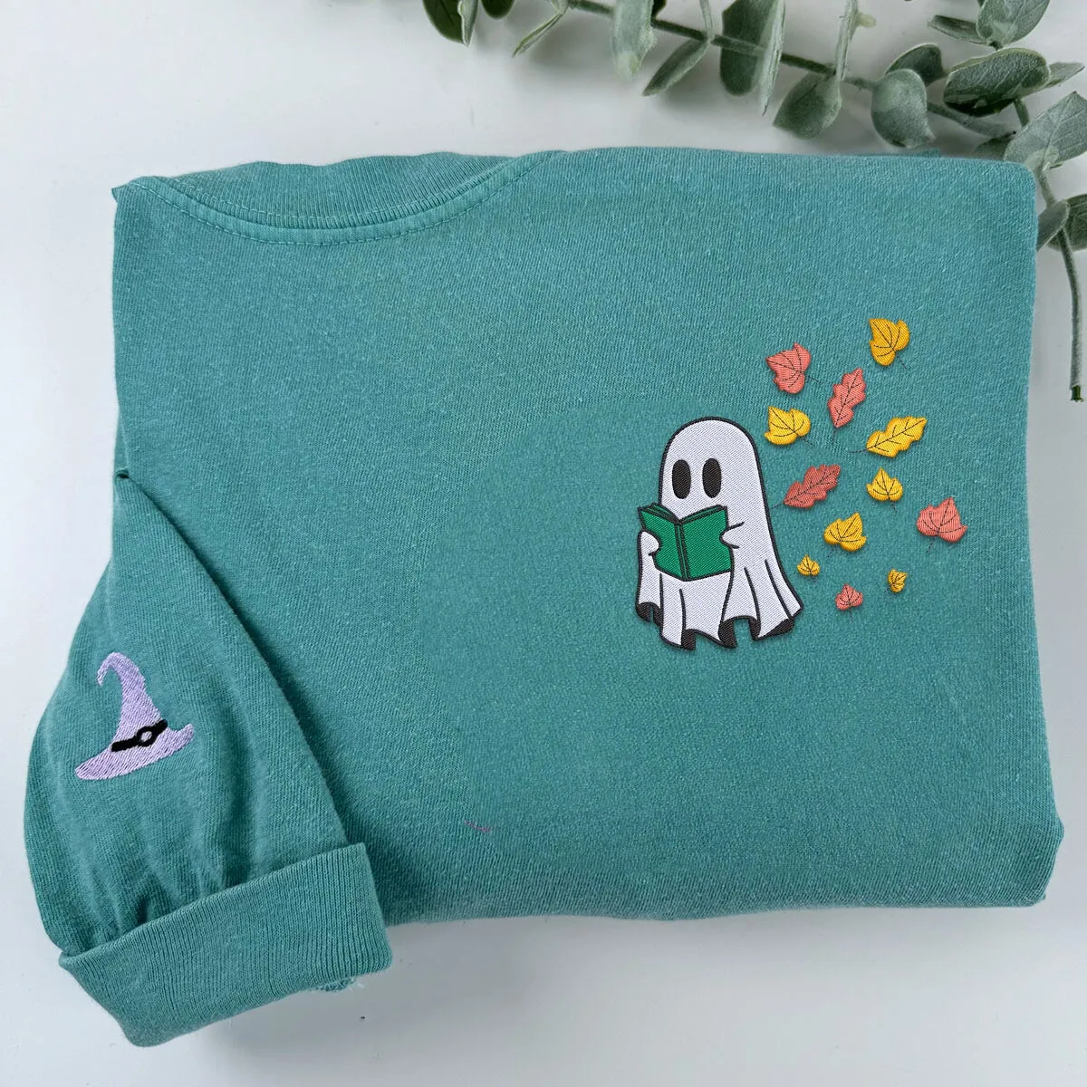 Comfort Color® Embroidered Halloween Ghost Book Lover T-Shirt or Sweatshirt