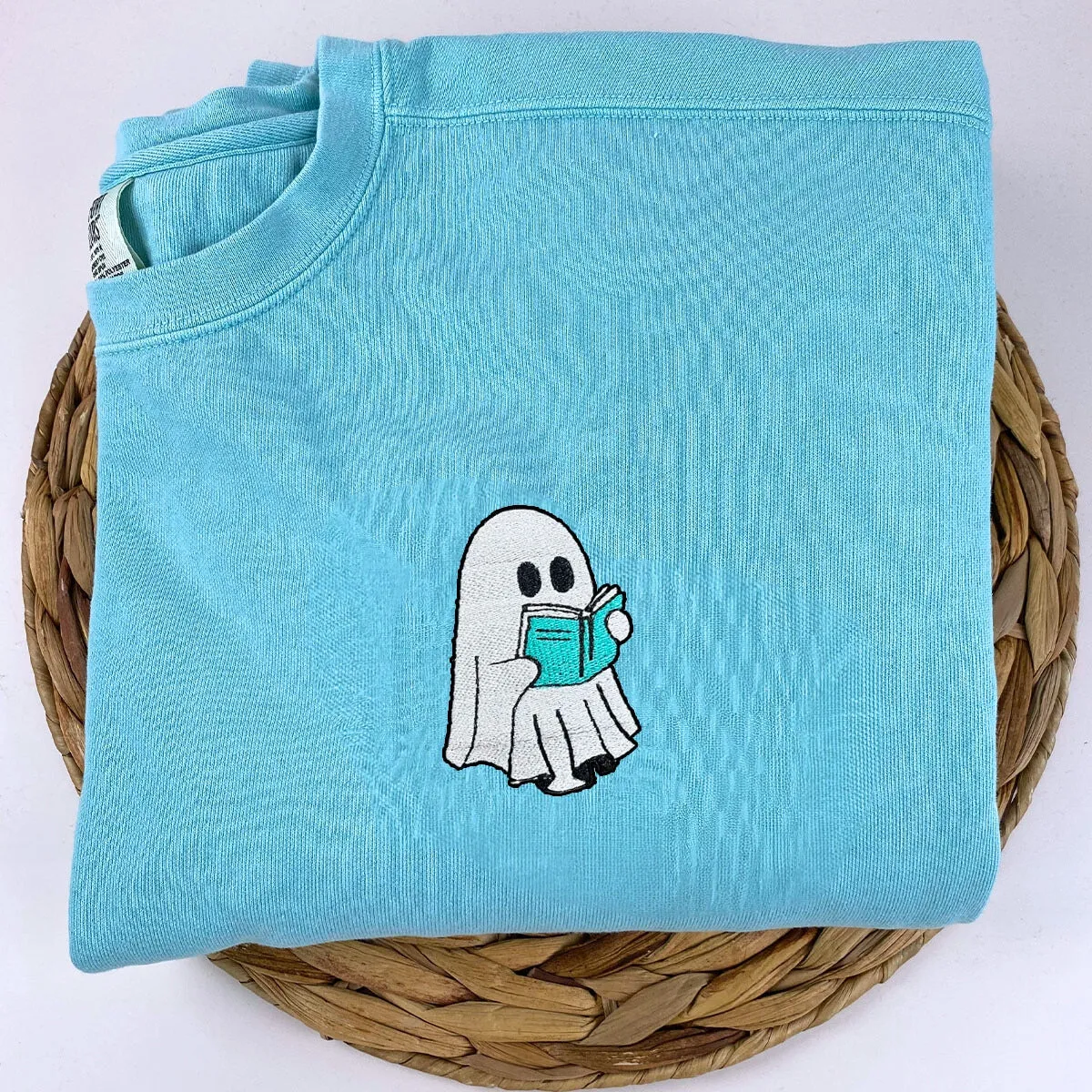 Comfort Color® Embroidered Halloween Ghost Book Lover T-Shirt or Sweatshirt