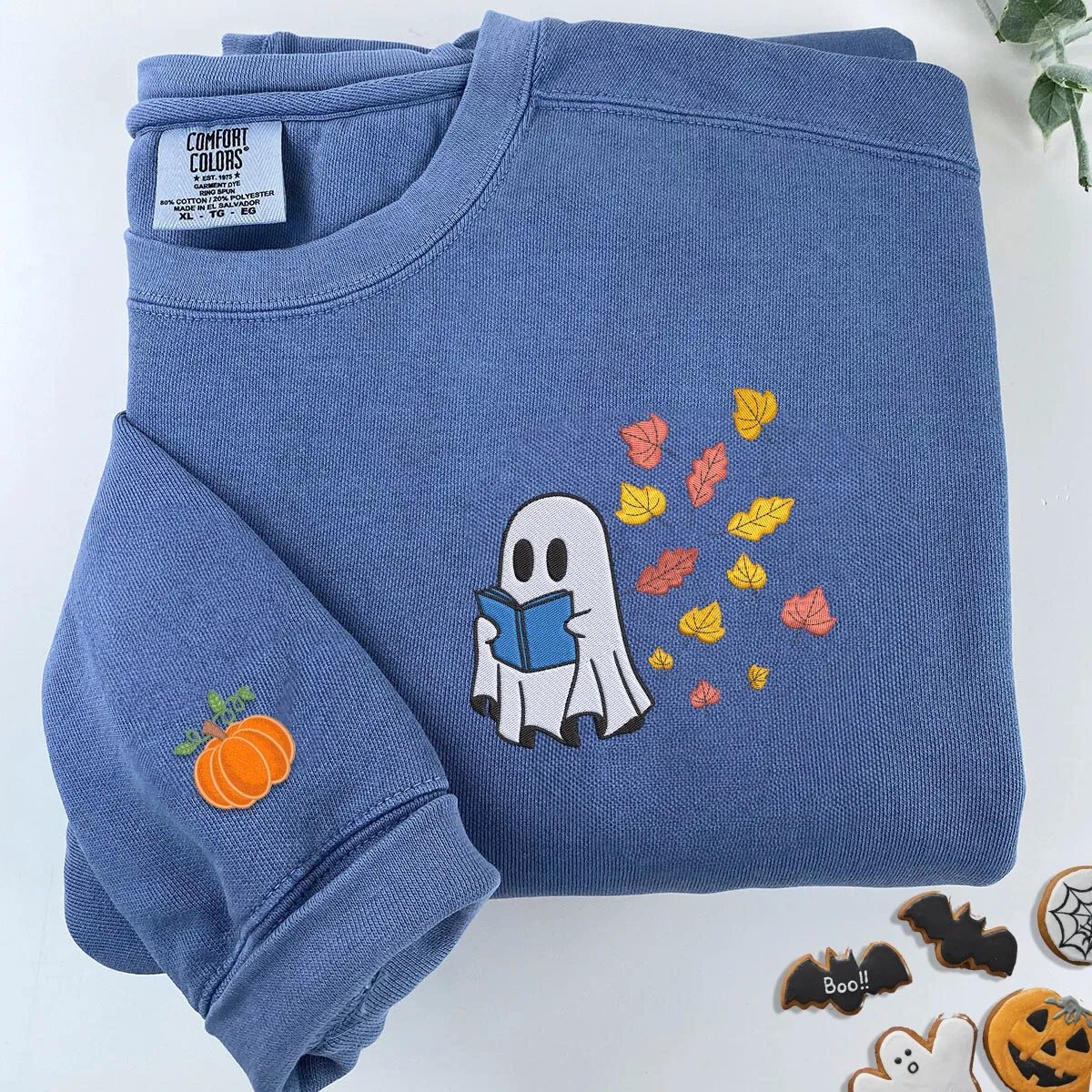 Comfort Color® Embroidered Halloween Ghost Book Lover T-Shirt or Sweatshirt