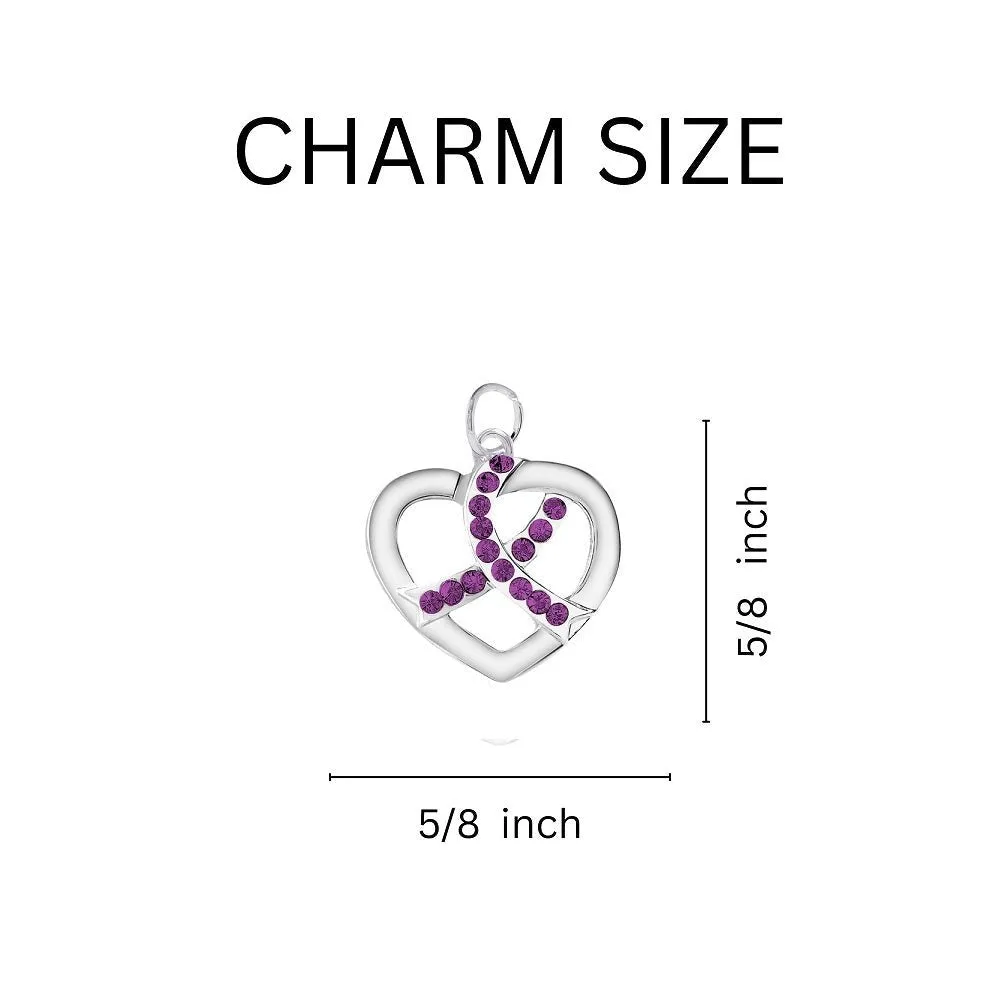 Crystal Heart Purple Ribbon Charm Silver Beaded Bracelets