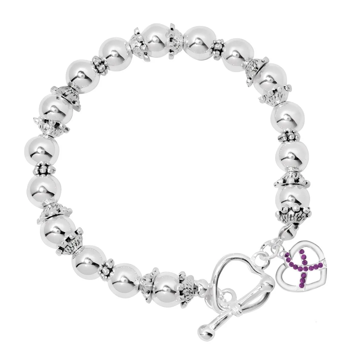 Crystal Heart Purple Ribbon Charm Silver Beaded Bracelets