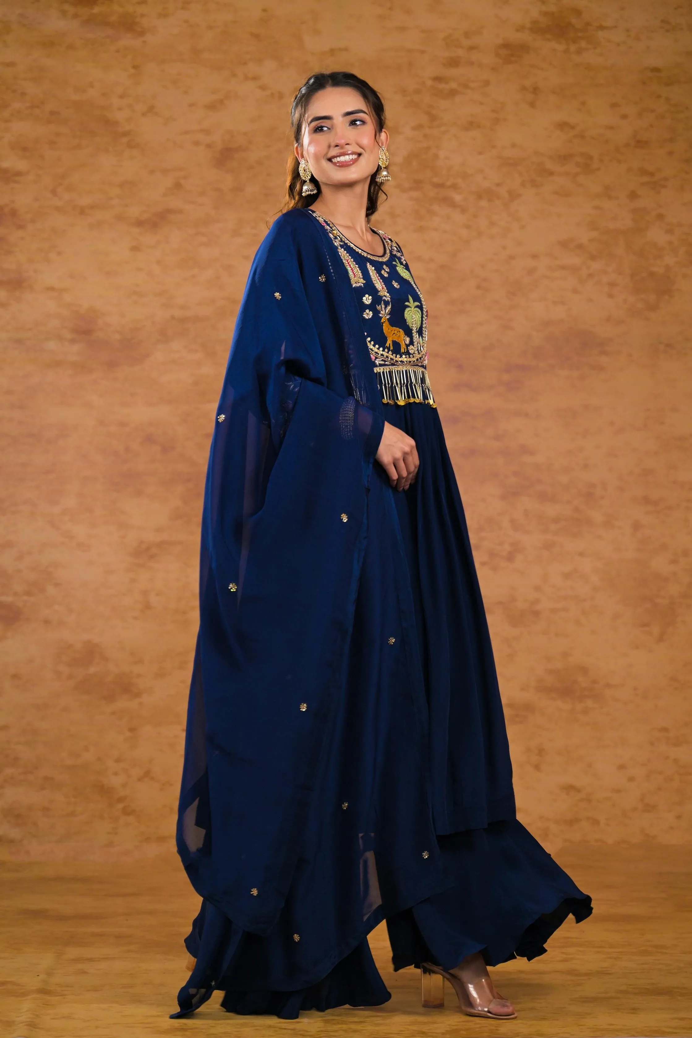 Deep Blue Embroidered Premium Silk Palazzo Set