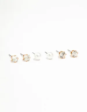 Dimante & Pearl Gold Stud Earrings 3-Pack