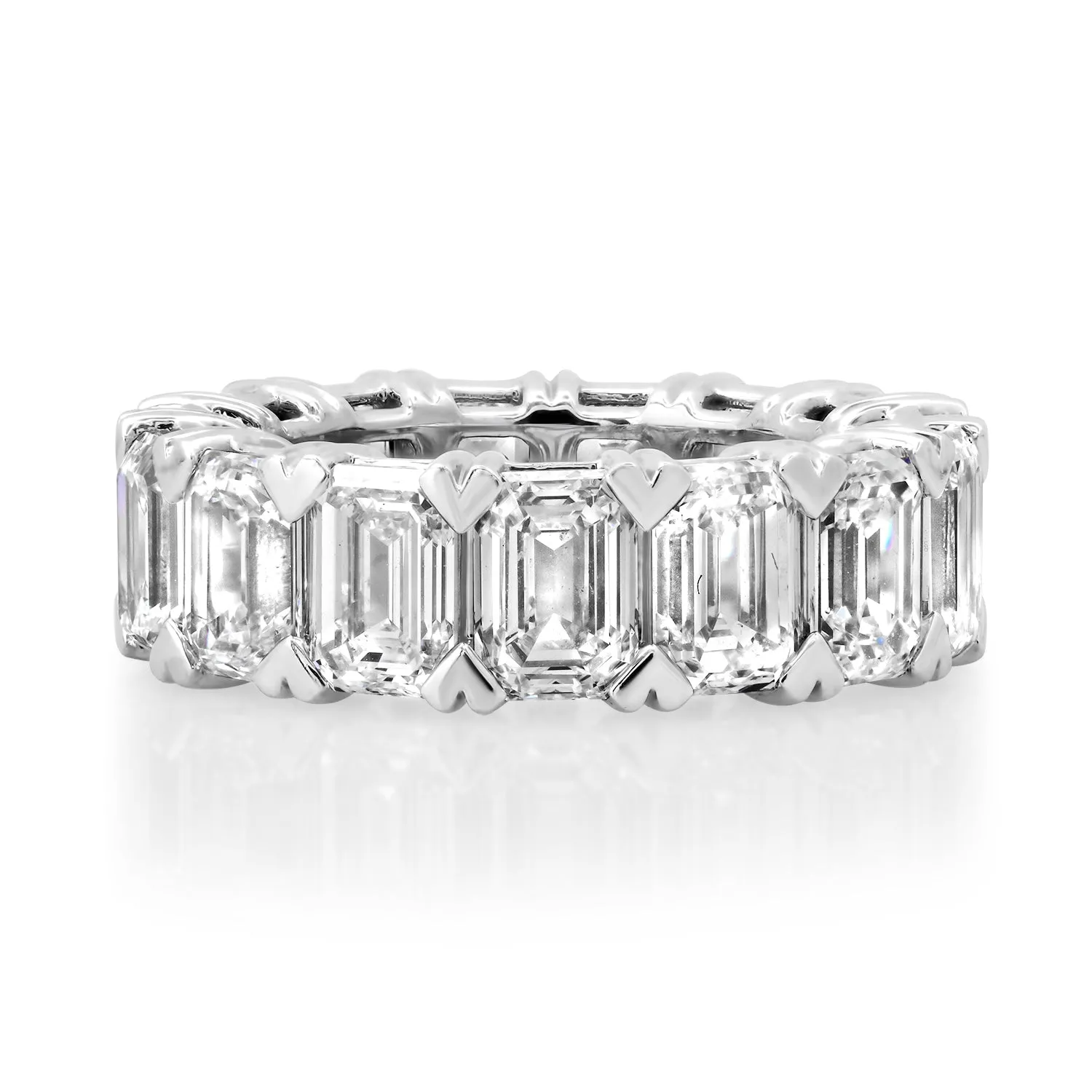 Emerald Cut Lab Grown Diamond Eternity Band Ring with Heart Prongs