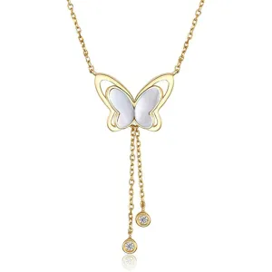 FANCIME "Twinkling Fairy Pearl" Butterfly Drop Dangling 14K Yellow Gold Necklace