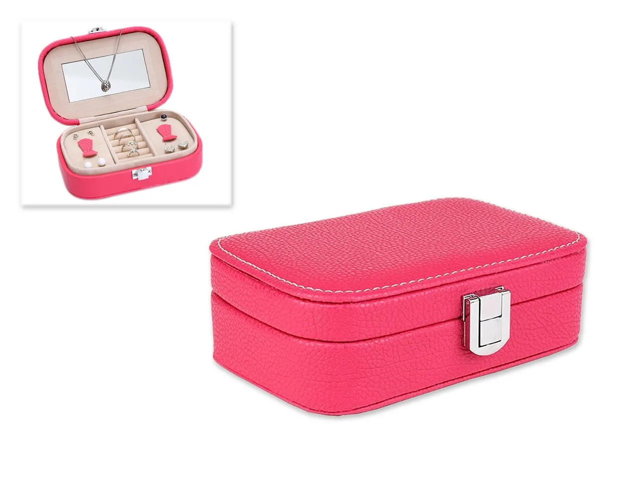 Fashion Jewelry Box Organizer with Mirror - Hot Pink