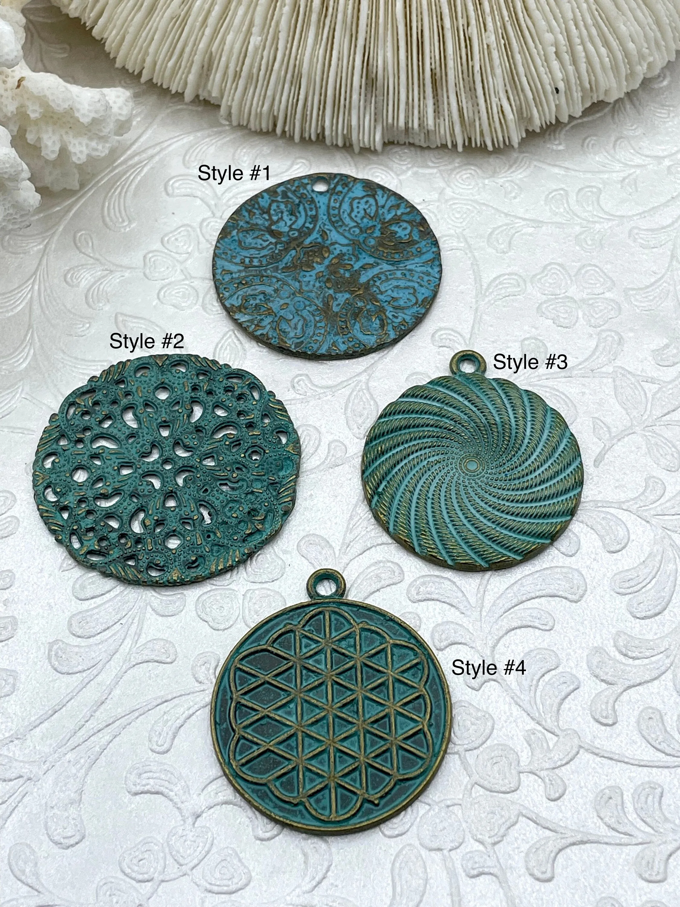 Flat Round Filigree Stamped Metal Pendant Medallion Pendant,  4 styles, 42mm, 39mm, 34mm, 21mm Verdigris . Fast Ship