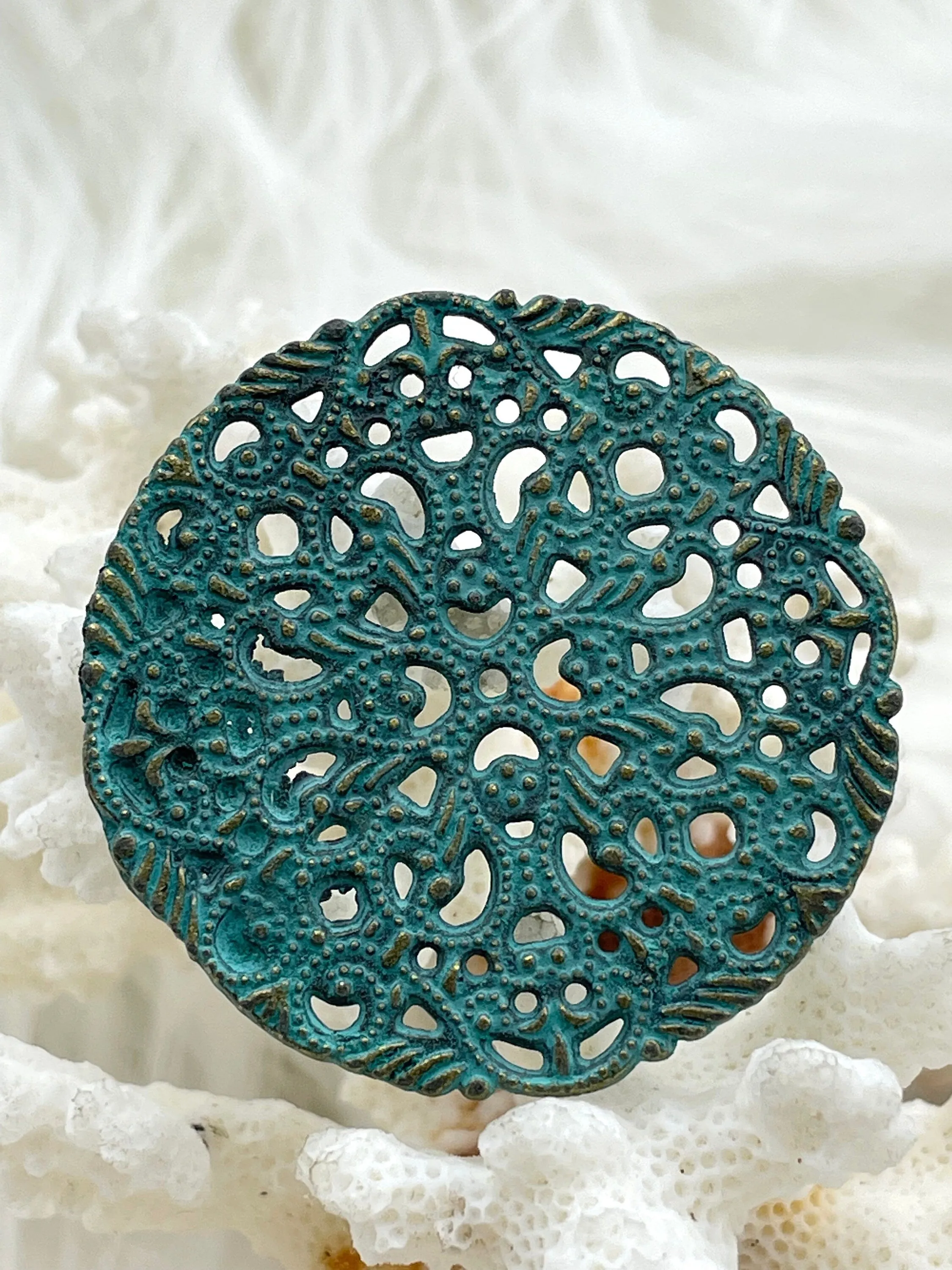 Flat Round Filigree Stamped Metal Pendant Medallion Pendant,  4 styles, 42mm, 39mm, 34mm, 21mm Verdigris . Fast Ship