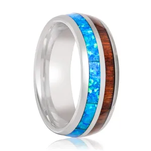 GENIE | Silver Tungsten Ring, Koa Wood & Blue Opal Inlay, Domed