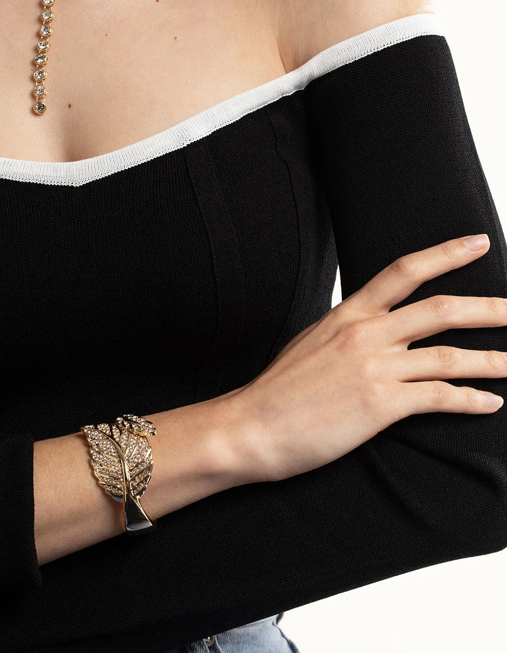 Gold Diamante Leaf Hinge Cuff Bracelet