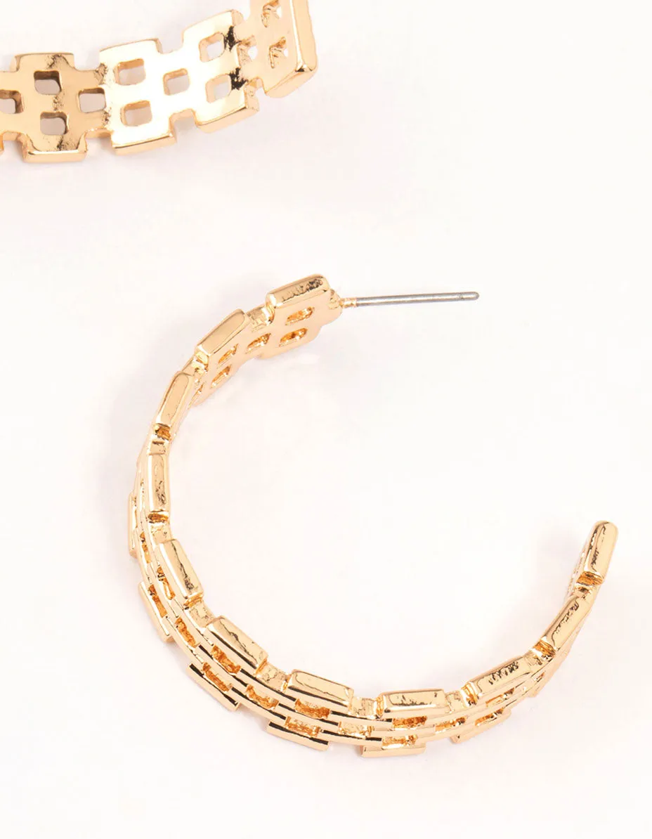 Gold Geometric Print Link Hoop Earrings