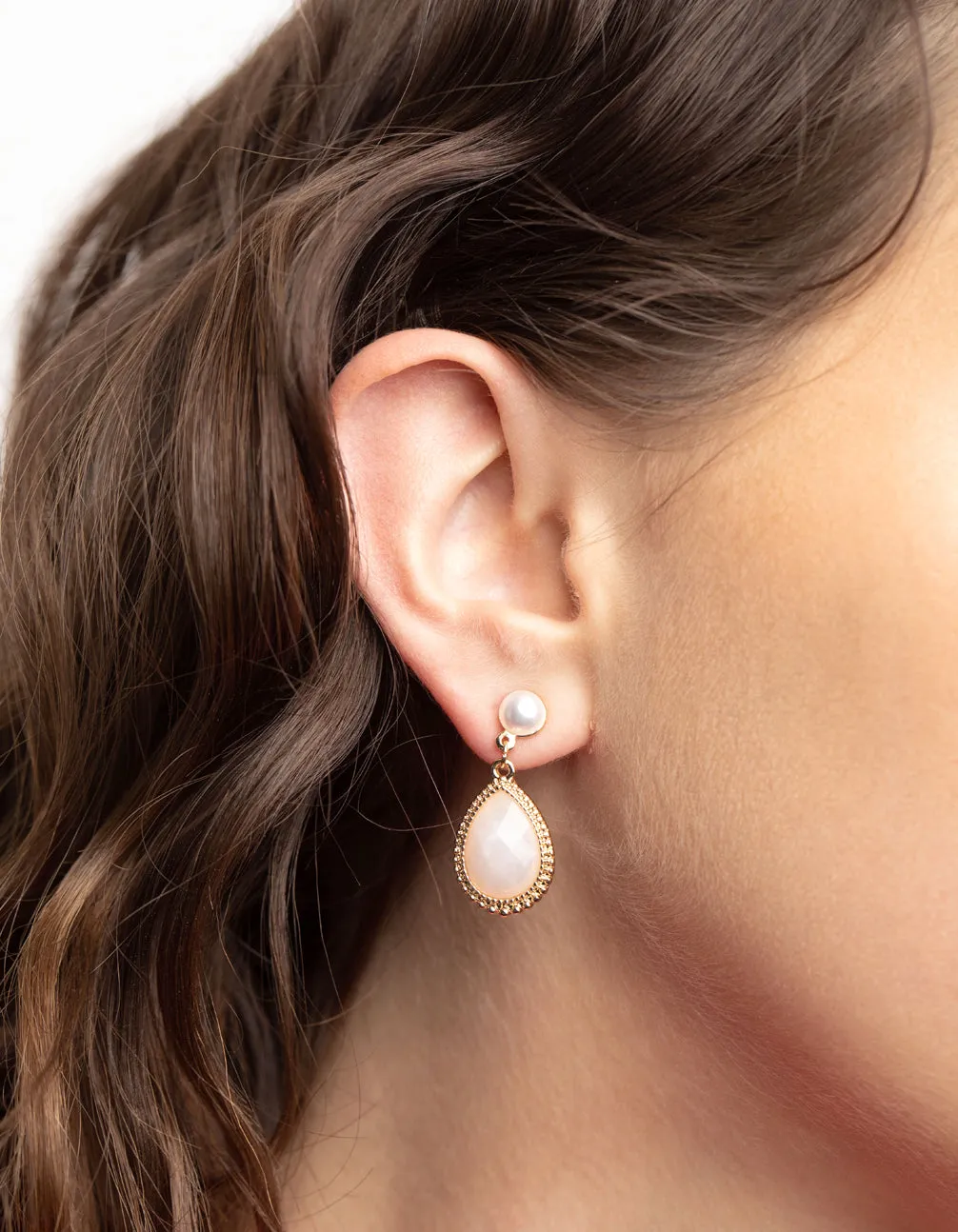 Gold Pearl Neutral Stone Drop Earrings