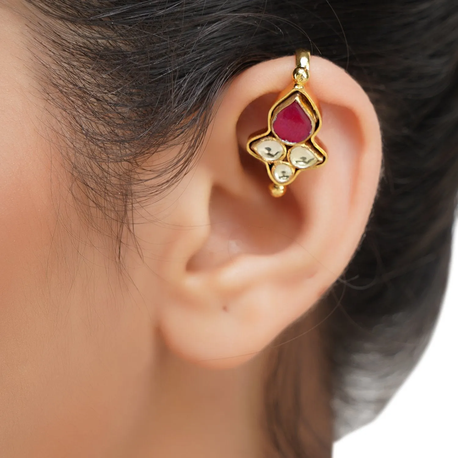 Gold Plated Kundal Red Kundan Earcuff Pair