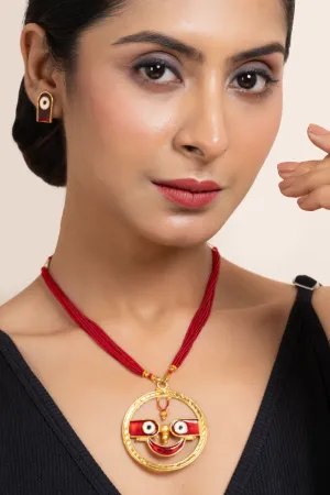 Gold Plated Meenakari Round Jagannath Pendant Necklace with Matching Earrings & Red Tussle Jewelry Set