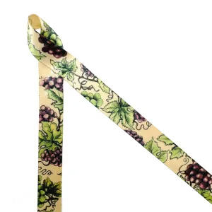 Grapes Ribbon with grape leaves on 5/8" raw silk single face satin