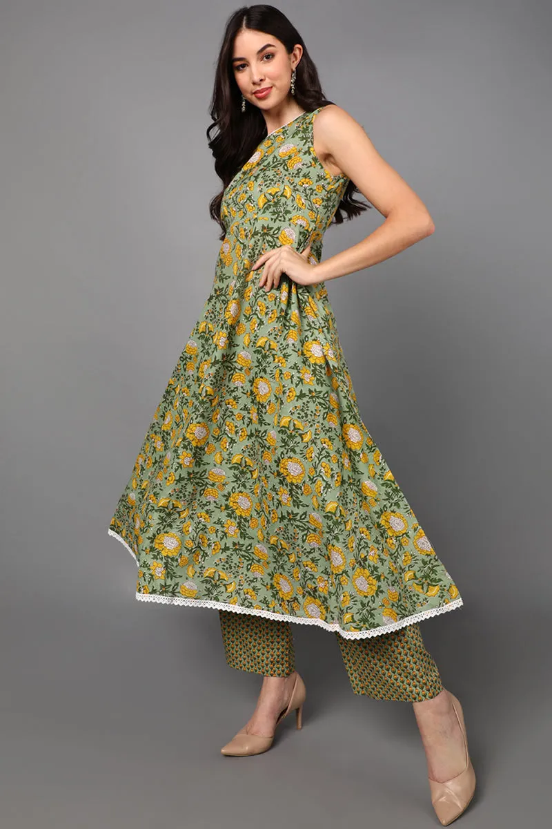 Green Pure Cotton Floral Anarkali Suit Set