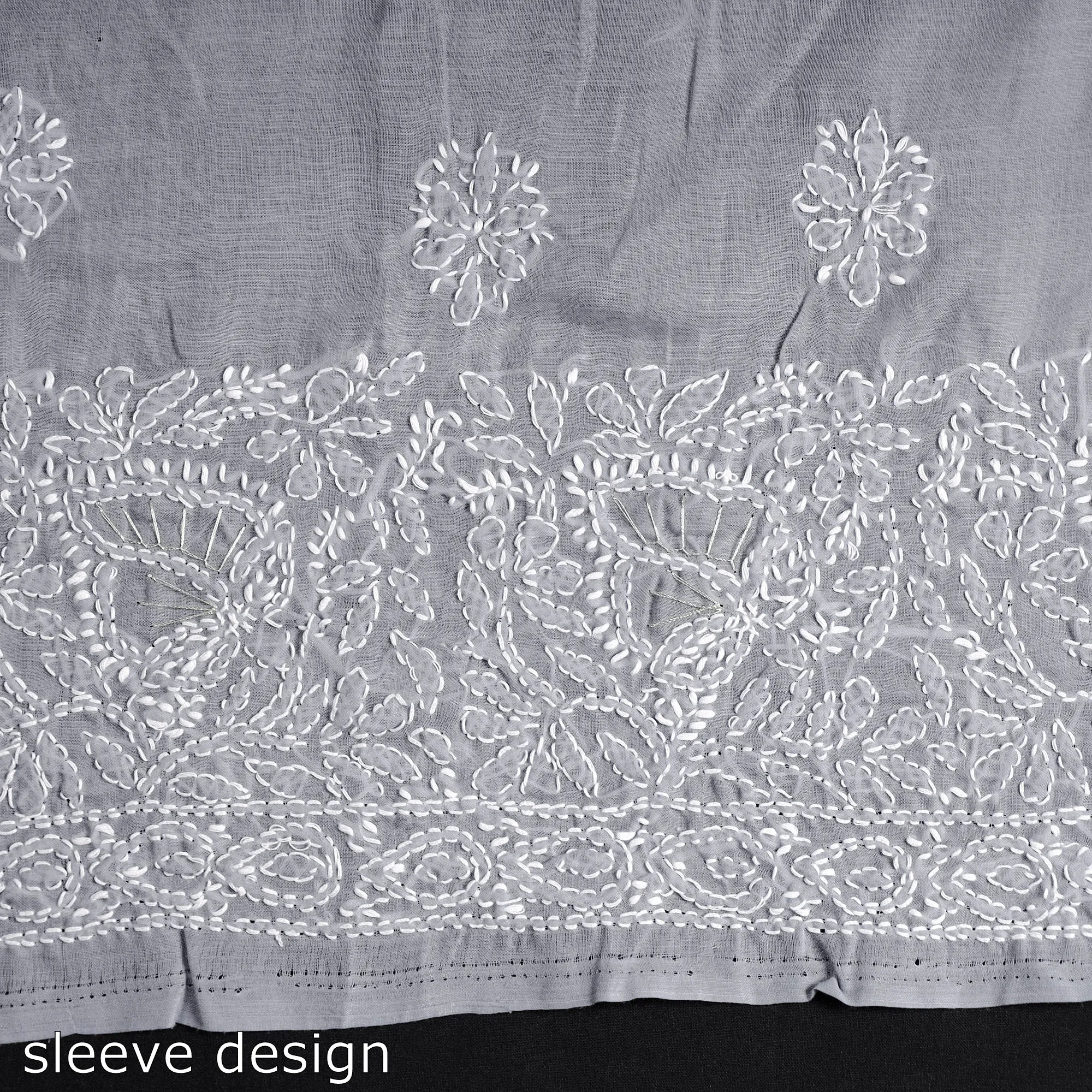 Grey - Lucknow Chikankari with Parsi Style Embroidered Cotton Kurta Material - 2.9 Meter